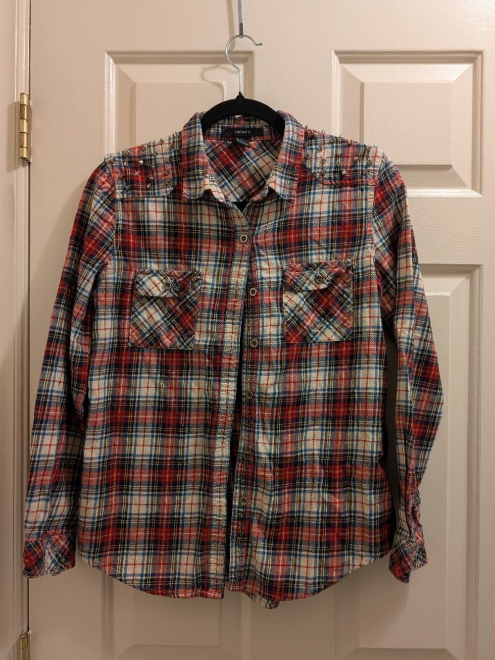 Forever 21 Spiked Shoulder Flannel Alternative Grunge Button Down
